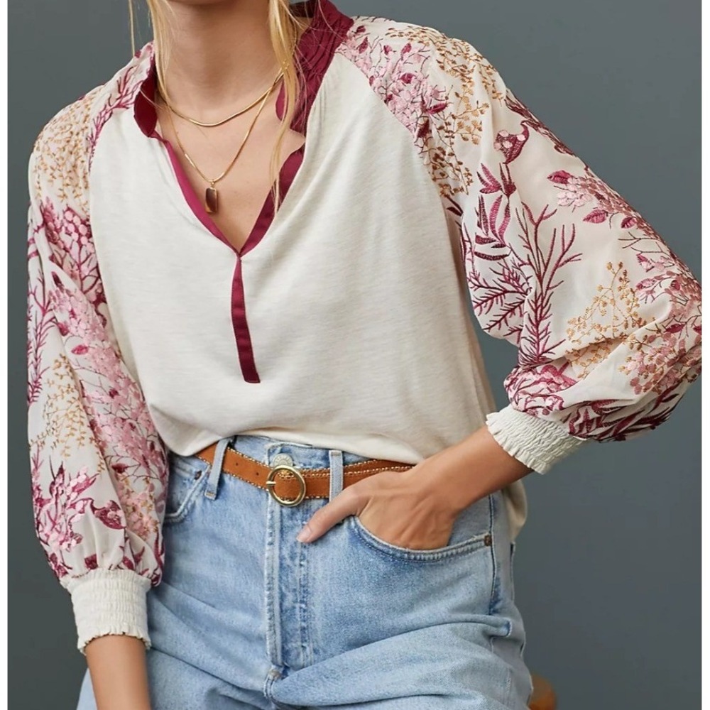 Tiny Eleanor Floral Embroidered Popover Women XS Cream Burgundy Puff Sleeve Top‎